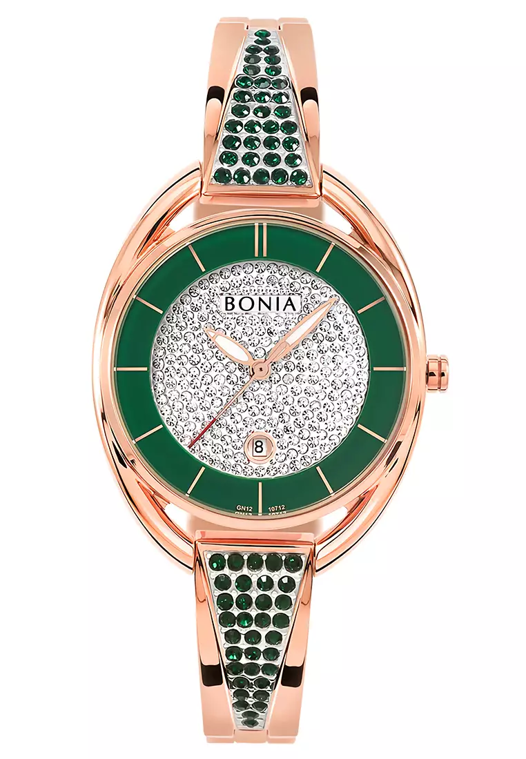 Bonia Swarovsky - Female Analog Watches - Jam Tangan Wanita - Rosegold Green - Stainless Steel Bracelet - BNB10712-2592