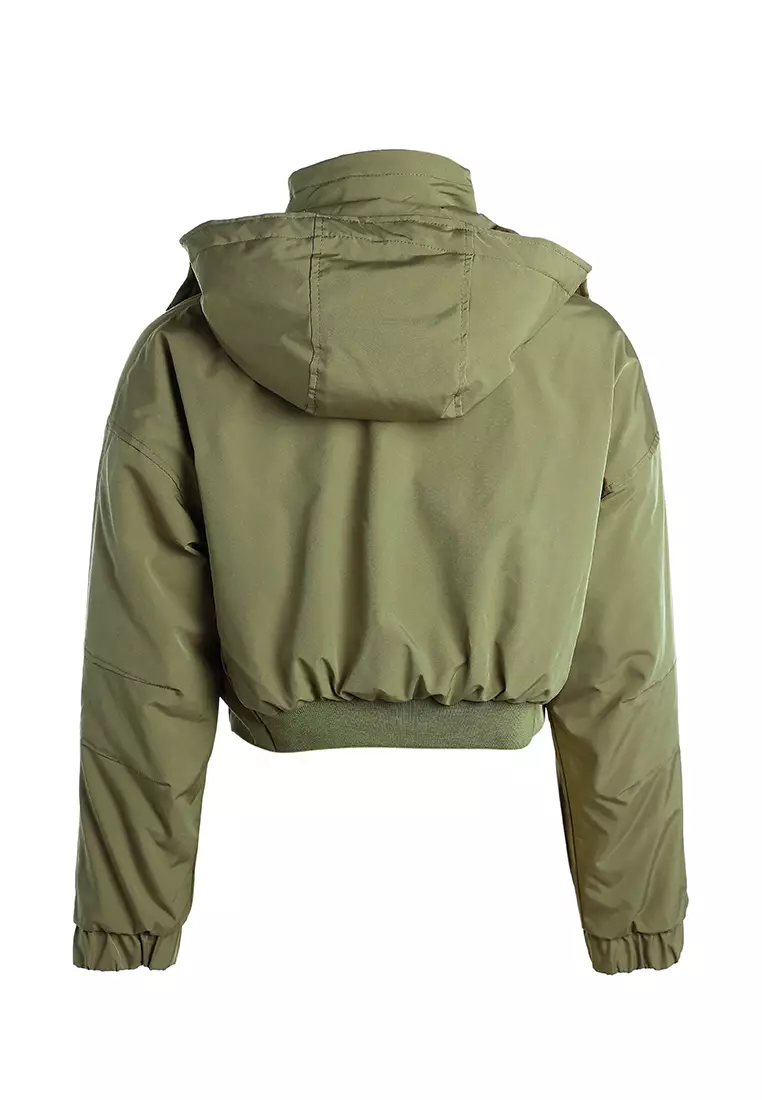 Drawstring Cropped Woven Jacket in Olive