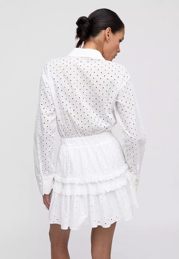 Eyelet Ruffled Shirt Dress - White
