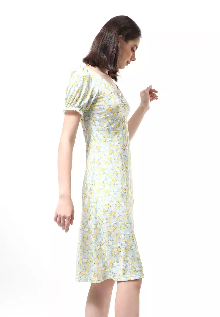 Rachel Dress Wanita Lengan Karet Flower Motive Model Belah Samping Material Cotton ORIGINAL - Green