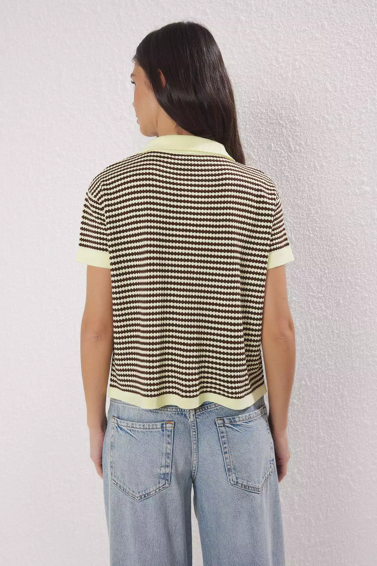 Yellow Polo Collar Striped Knitwear Medium Blouse Twoss25Bz00183