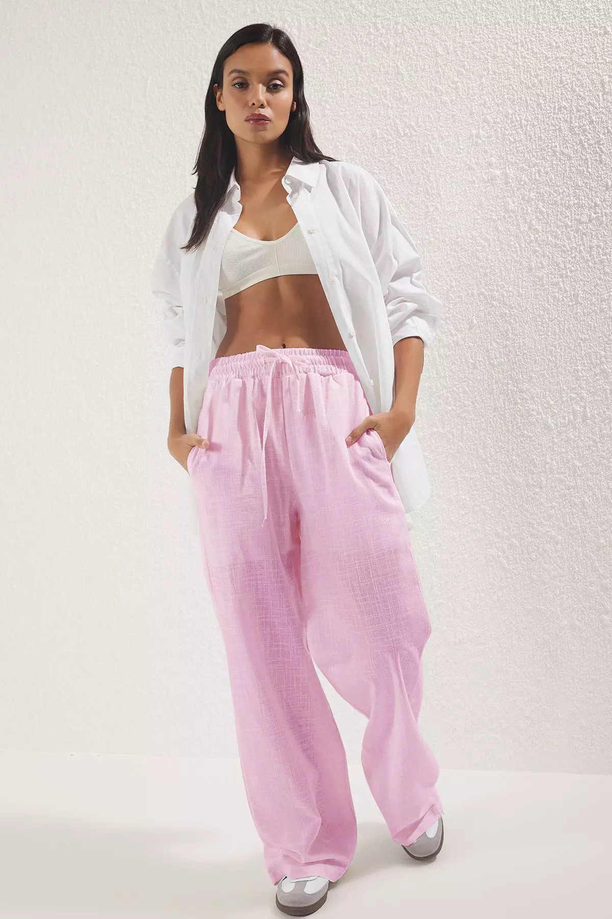 Light Pink Linen Look Wide Leg Shorts Lined Elastic Waist Pants