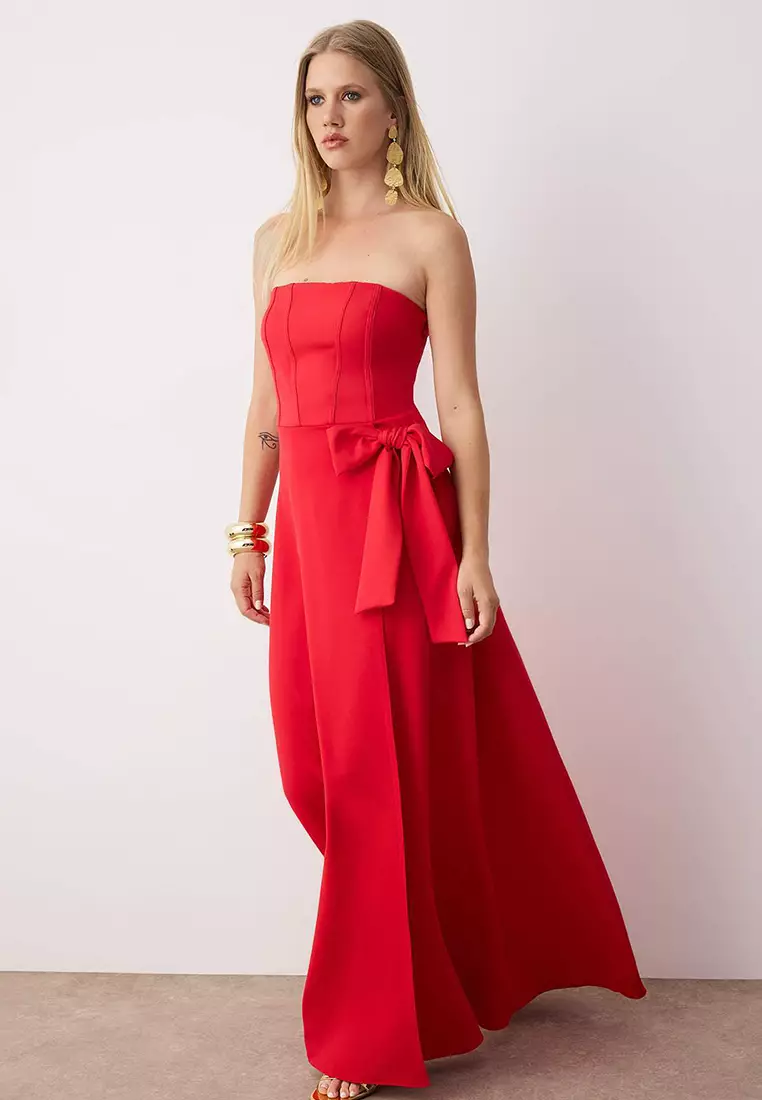 Red Strapless Back Detail Long Stylish Evening Dress
