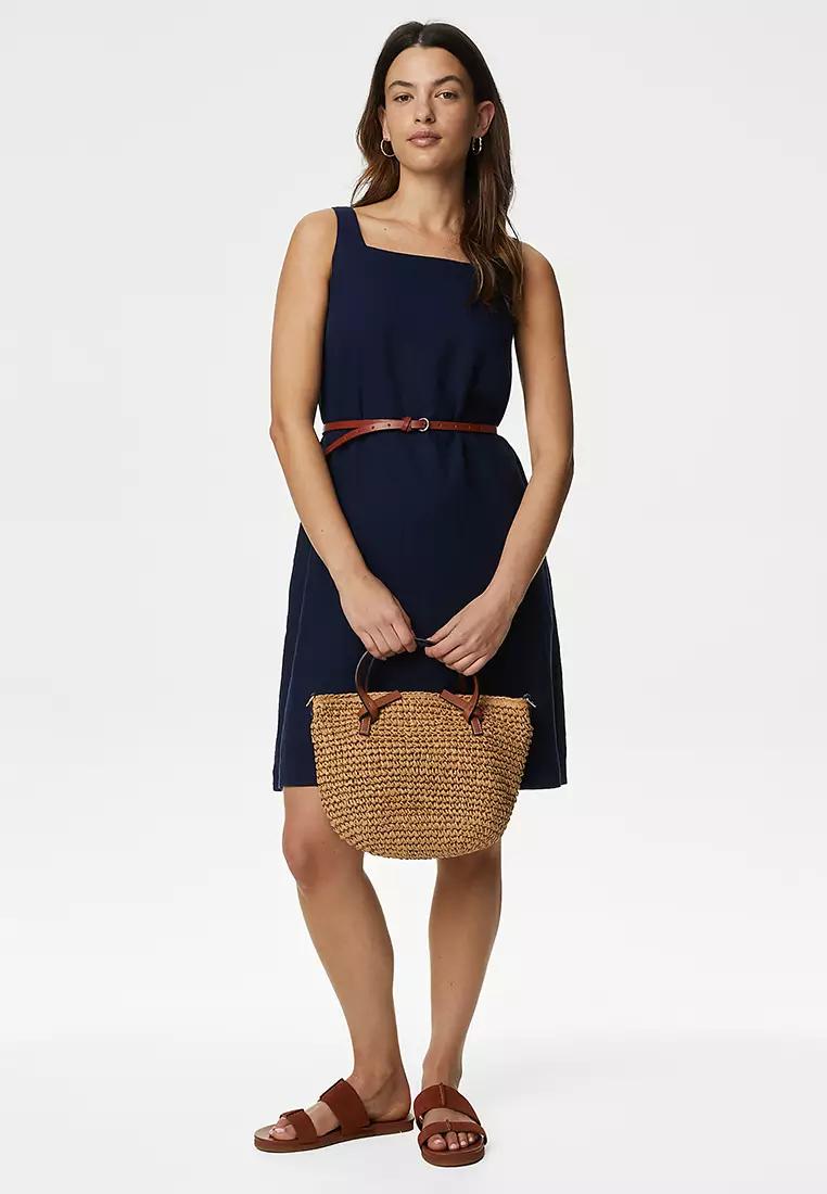 Linen Rich Square Neck Mini Shift Dress