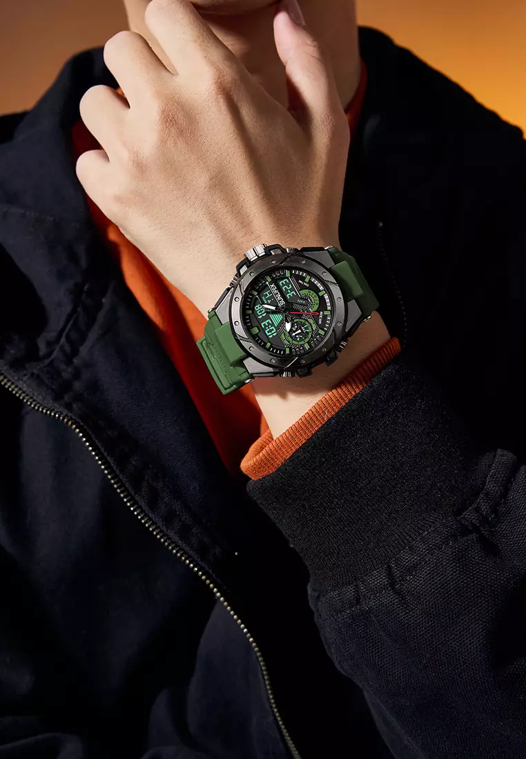 Jam Tangan Pria D009 Digital Analog Tali Rubber Chronograph Olahraga Jam Tangan Cowok greenblack