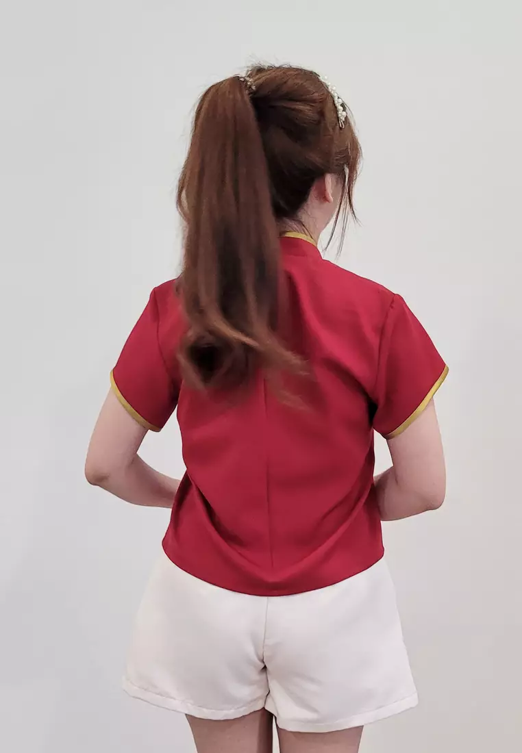 Ivory Cheongsam Cap Sleeves Top Red Maroon