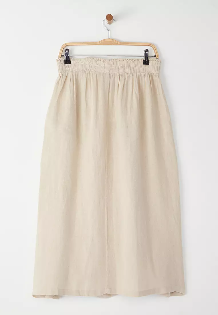 Beige Elastic Waist Midi Skirt