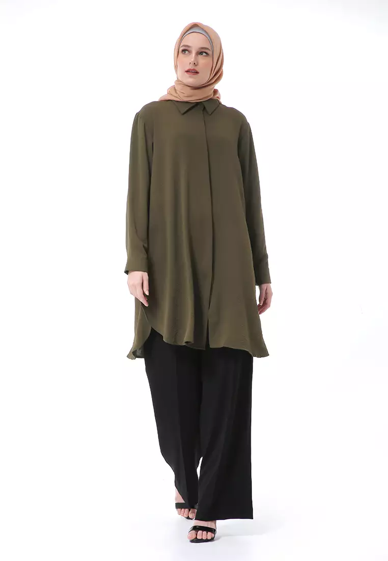 Azzahra Tunik Panjang Muslimah Wanita Long Sleeve Regular Fit Premium High Quality - Army