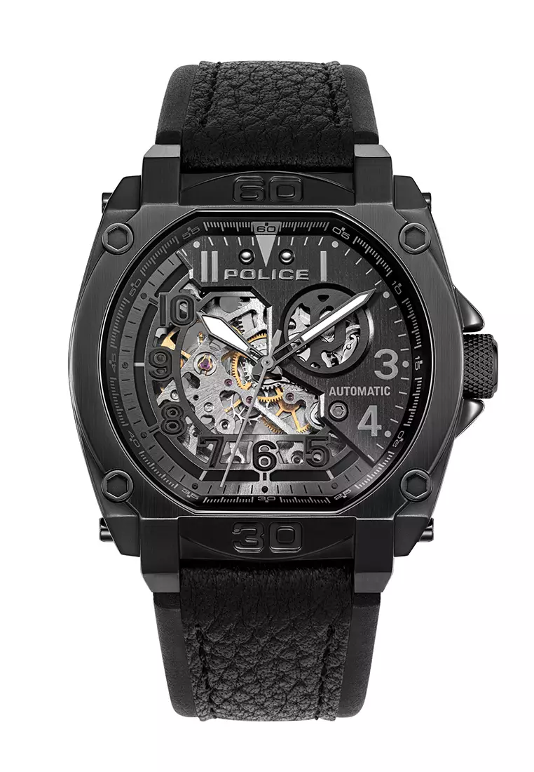 Police Norwood Black Leather Analog Automatic Watch For Men PPEWGE0040003