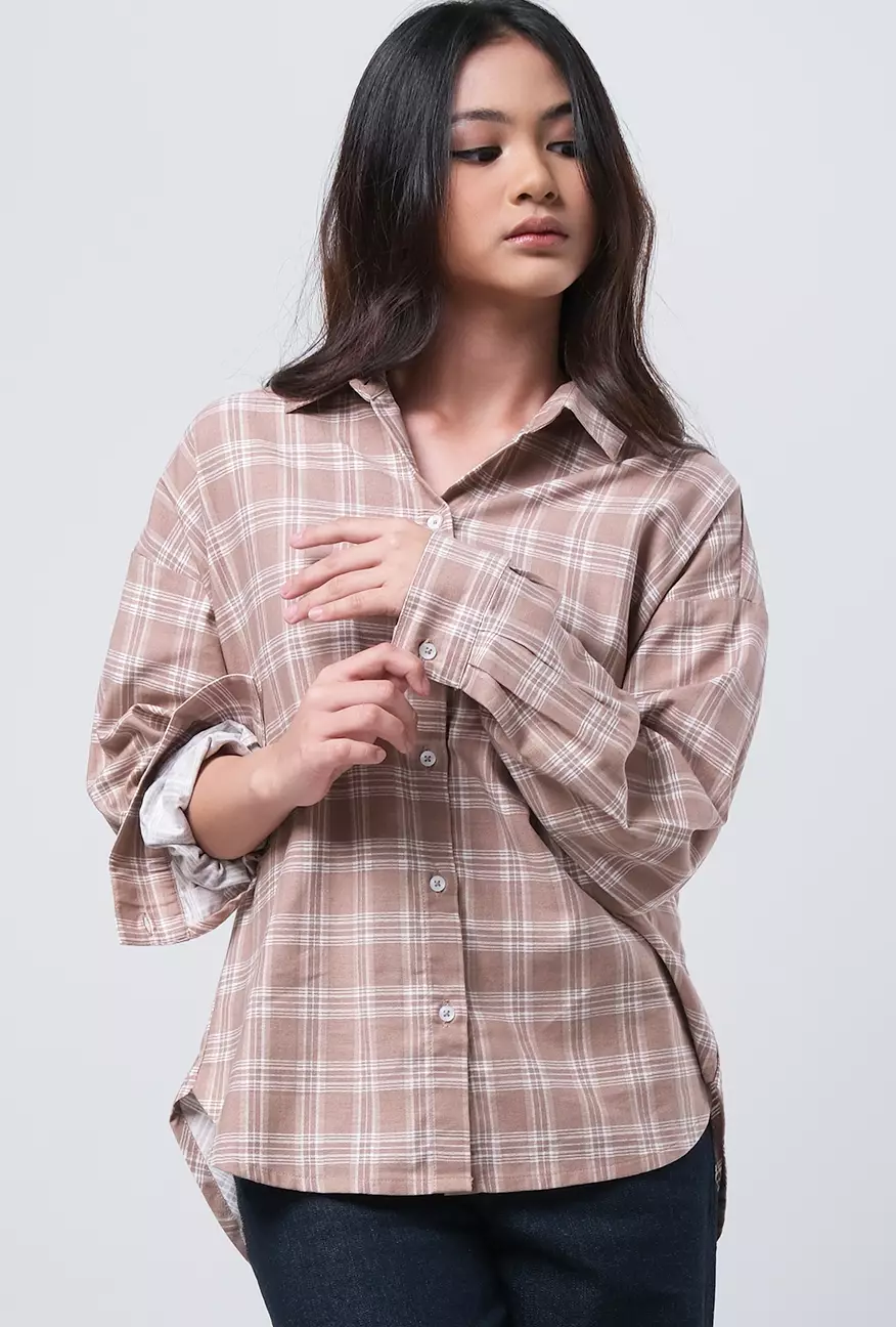 Kemeja Wanita Raline Brown White