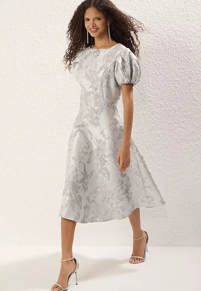 Silver A-Line Jacquard Woven Midi Chic Dress
