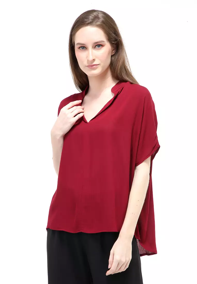 Nela Blouse Short Sleeves Wanita Motif Polos Atasan Casual - Maroon
