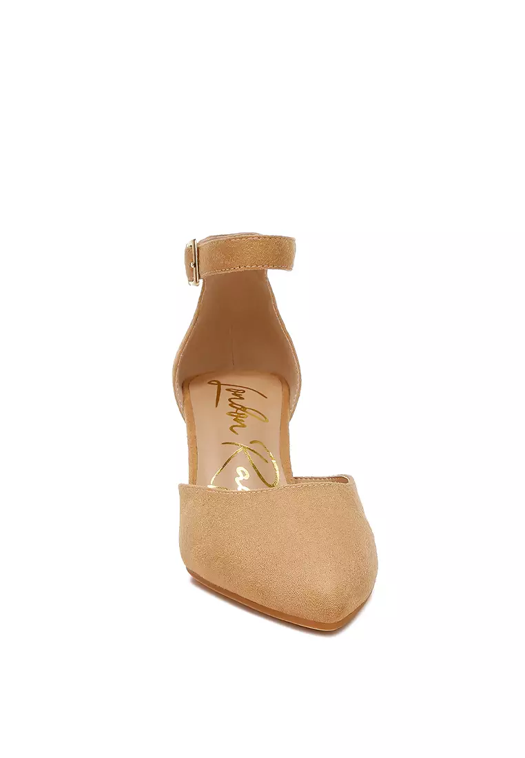 Microfiber Block Heel Sandals in Beige