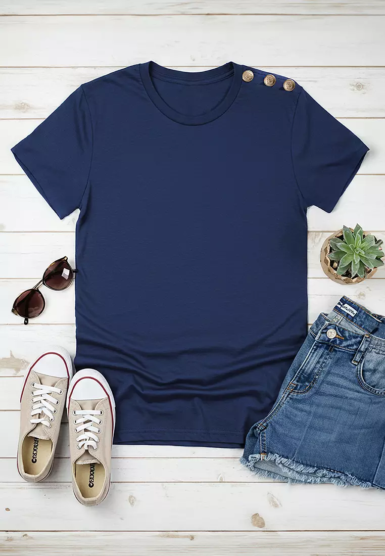Navy Blue Gold Button Detail Regular Cut Knitted T-Shirt