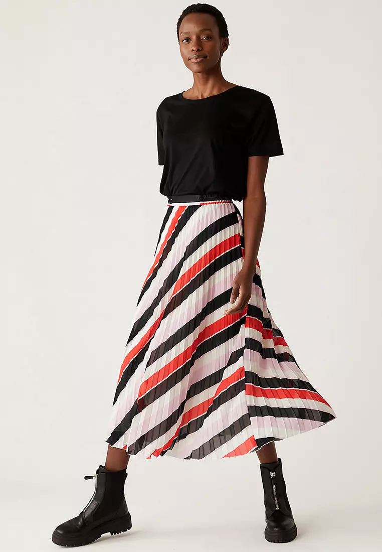 Striped Pleated Midaxi Skirt