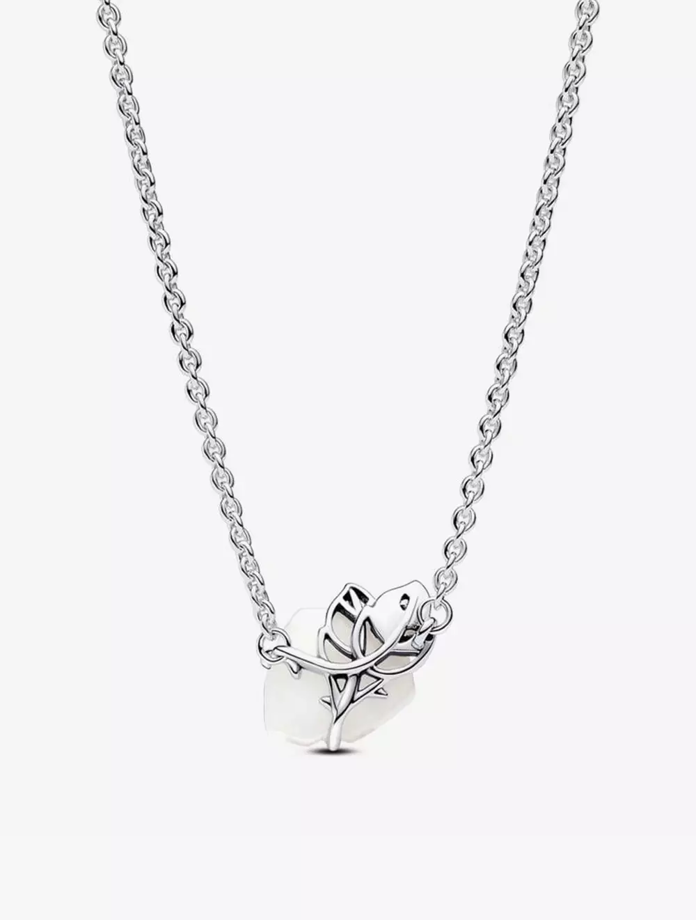 Rose sterling silver pendant necklace with white bioresin man-made mother of pearl and clear cubic zirconia