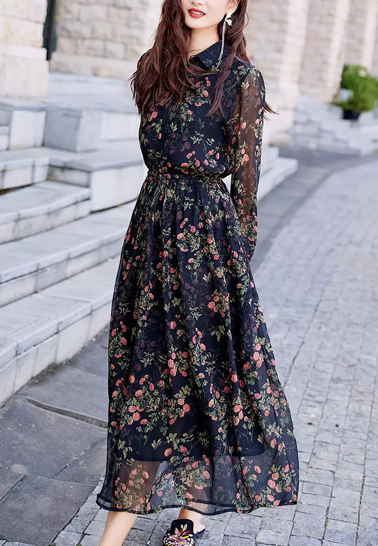 Floral chiffon dress long sleeve shop