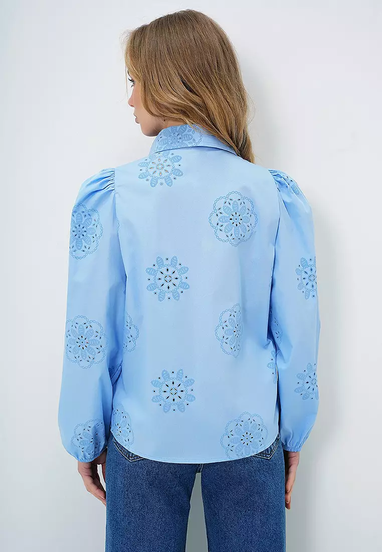 Women's Baby Blue Guipure Woven Premium Shirt Alc-X4366