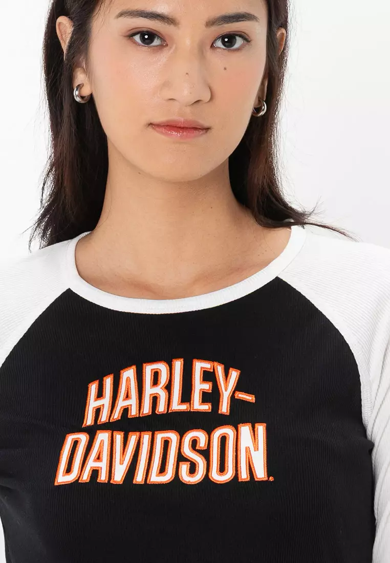 Chemise Manches Longues Harley Davidson Femme – Petite (Small), Noire, Logo Perlé
