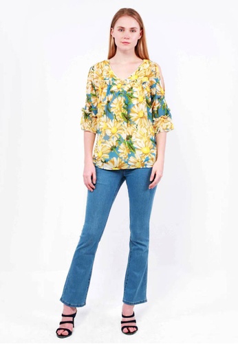 nicole blue nicole-V-Neckline with Cold Shoulder Floral Printed Blouse 917B5AAAA90182GS_1