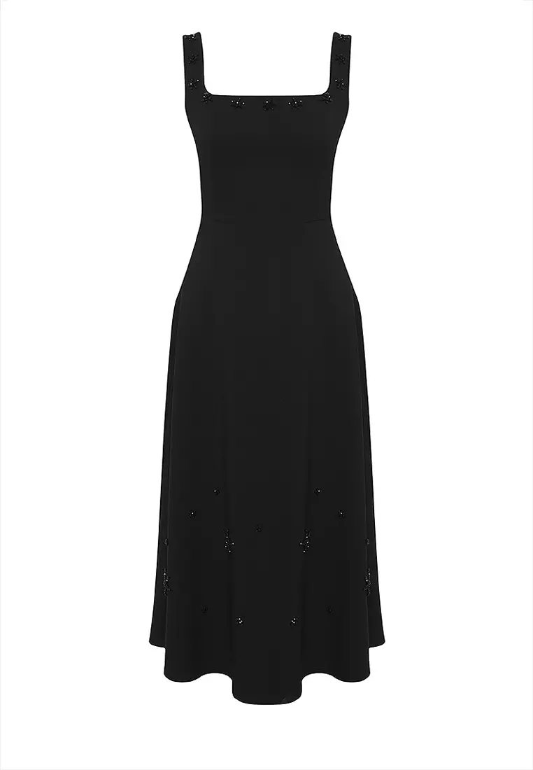 A-Cut Stone Accessory Detail Woven Midi Chic Dress