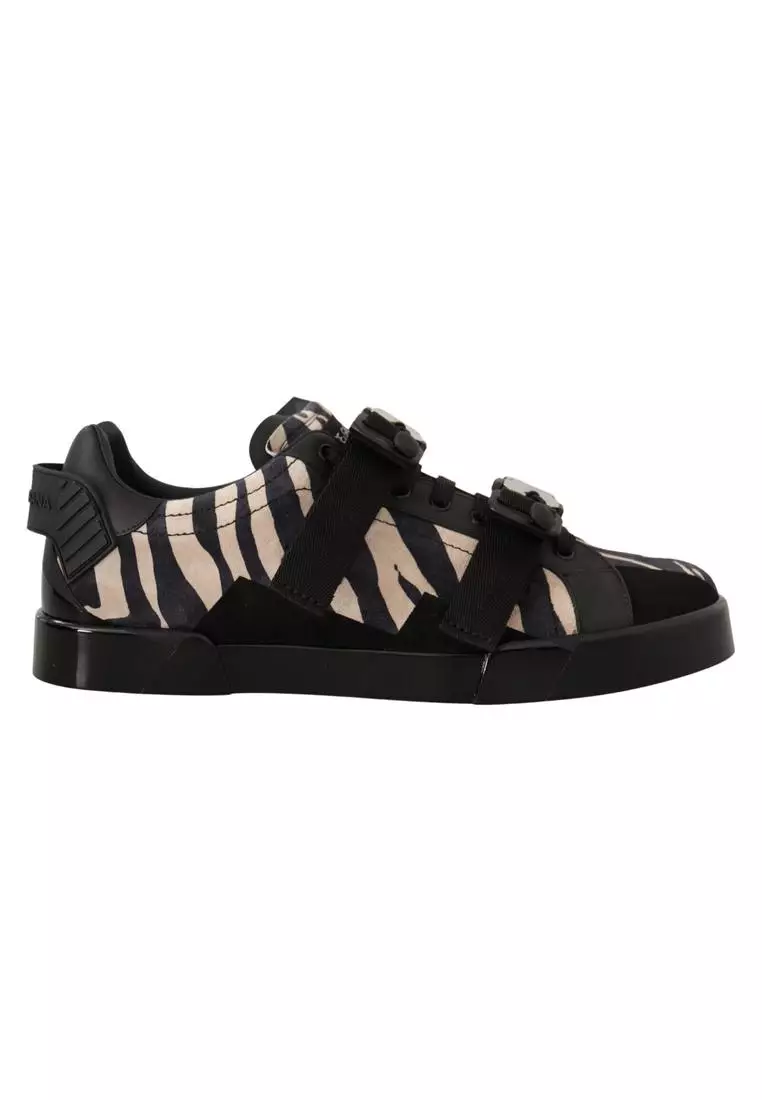 Dolce Gabbana Black White Zebra Suede Rubber Sneakers Shoes