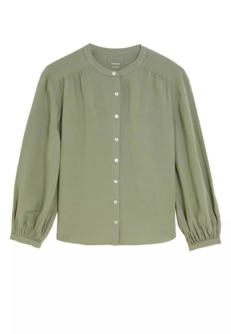 Linen Blend Collarless Long Sleeve Blouse