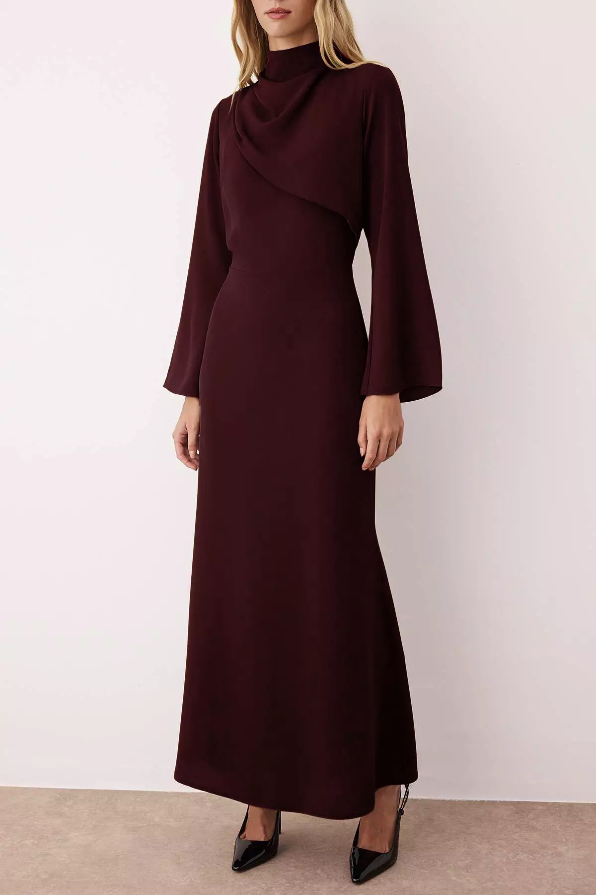 Burgundy Drape Detailed Woven Evening Dress Tctaw26Db00000
