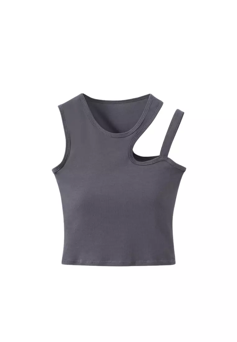 Premium Lainey Asymmetrical Neck Cut Out Cotton Bralette Top in Dark Grey
