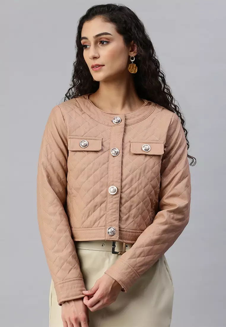 Taupe Faux Leather Quilted Jacket