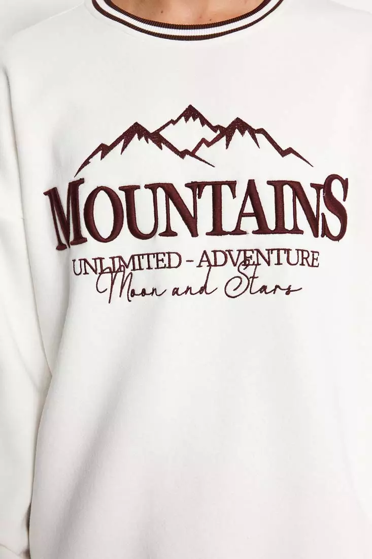 Stripe Neckline with Embroidered Text, Fleece Inside Sweatshirt
