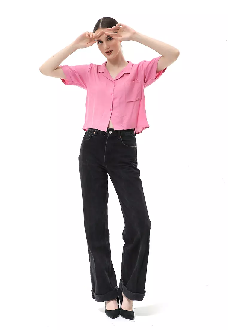 Melinda Kemeja Crop Top Atasan Wanita Motif Polos Relaxed Fit - Pink
