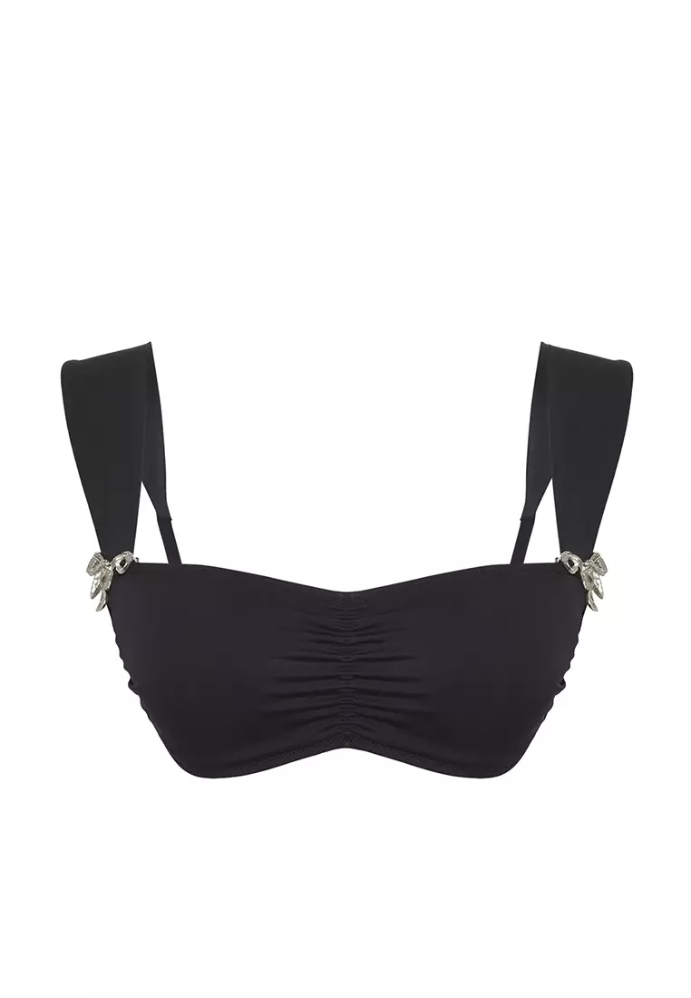 Black Square Neck Bow Accessorized Pretty Bikini Top