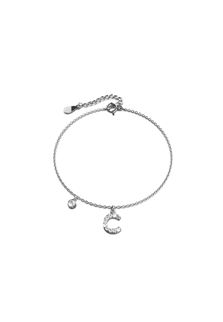 Solid 925 Sterling Silver Initial Crystal Personalised Alphabet Letter Bracelet Silver- C