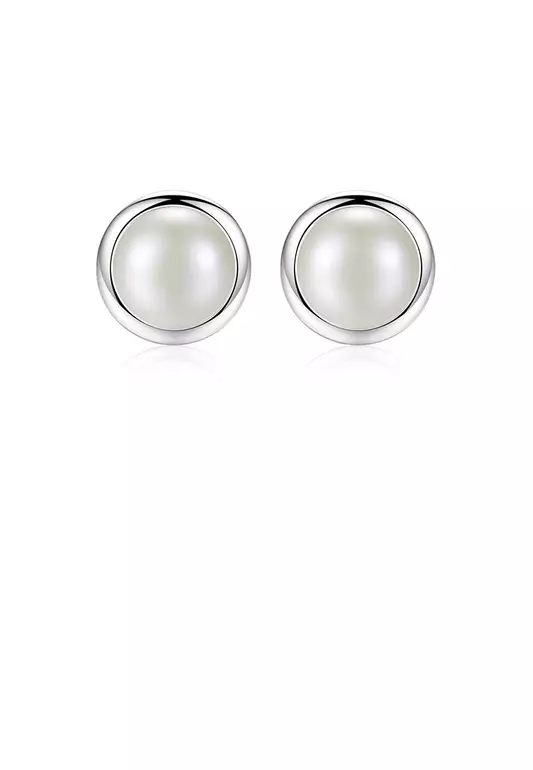 925 Sterling Silver Fashion Simple Geometric Round White Freshwater Pearl Stud Earrings - Luxurious Look