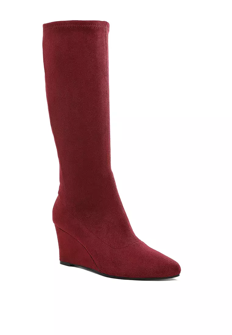Microfiber Wedge Heel Boots in Dark Red