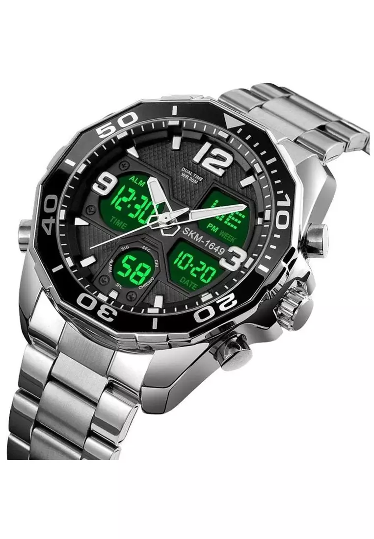 Jam Tangan Analog Digital Pria Design Elegan Water Resistant 30m Material Strap Tali Stainless Steel HK16 ORIGINAL