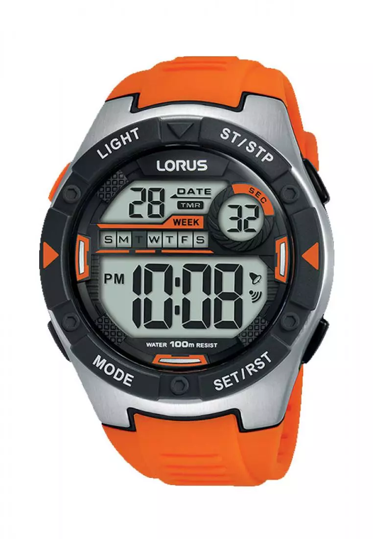 Jam Tangan Pria Lorus Original Garansi Resmi R2303NX9 Strap Orange Silicon Digital