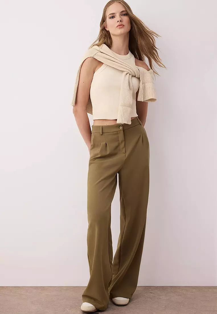 Khaki Pleated Wide Leg Trousers TWOAW25PL00109