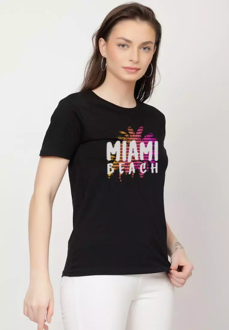 Miami Beach Relaxed Short Sleeve Stylish Black Cotton Casual Graphic Print Tee/TShirt