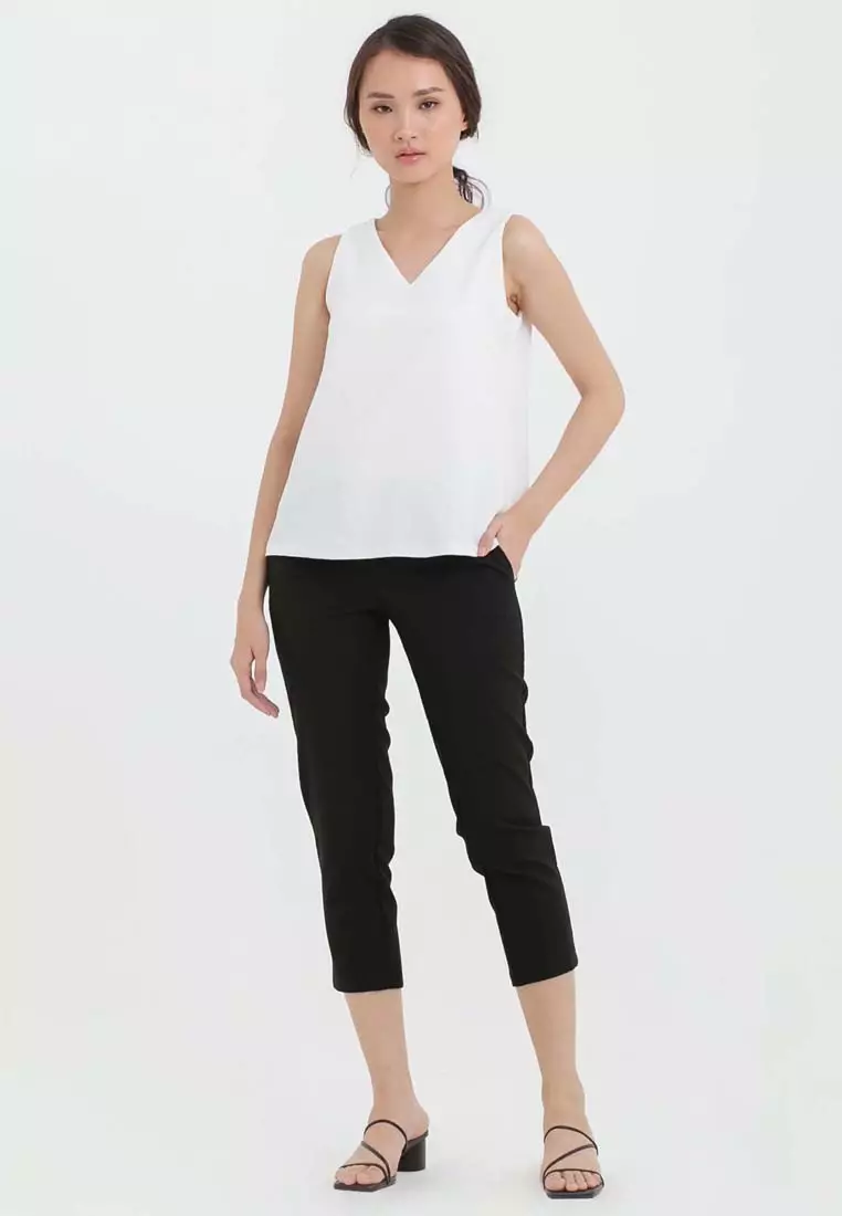 Basic Sleeveless V Neck Top in White