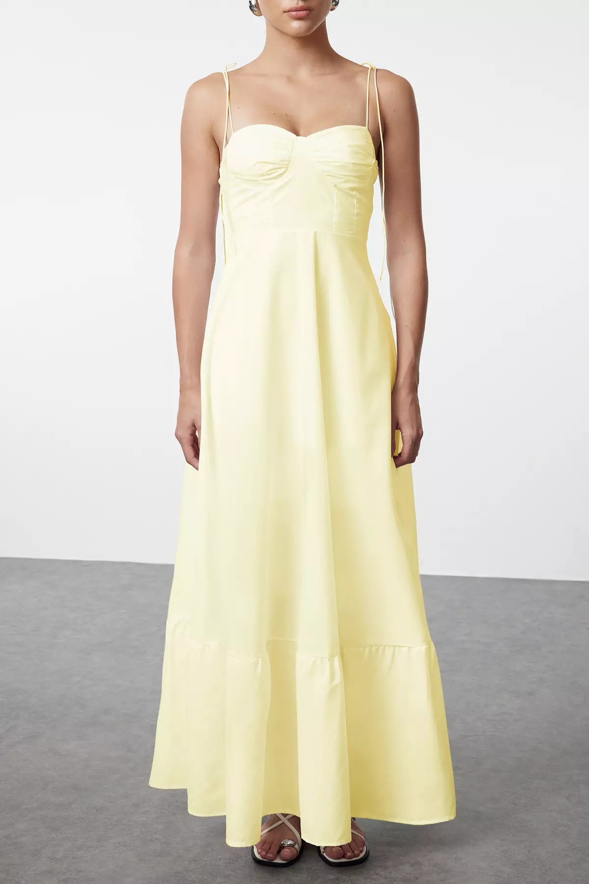 Light Yellow Waist Opening Drape Detailed Strap Woven Maxi Dress