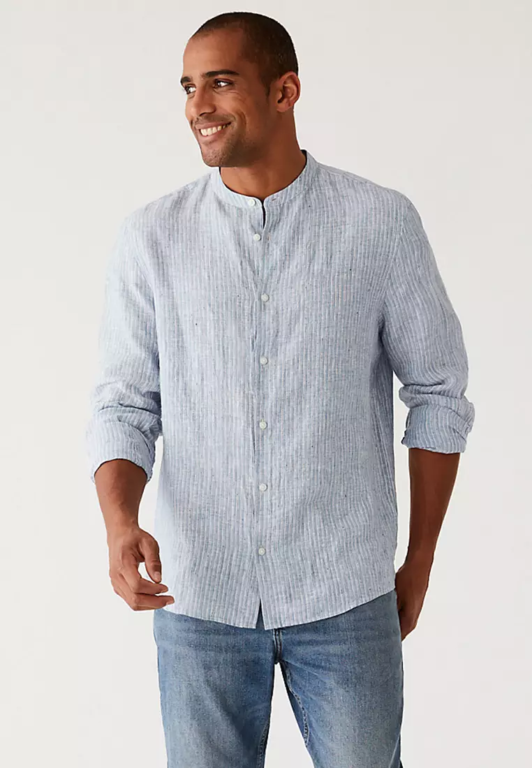 Pure Linen Striped Grandad Collar Shirt