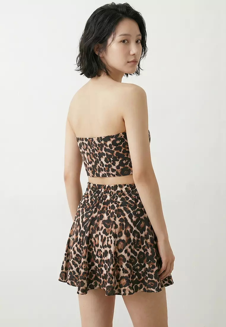 Leopard Patterned Woven Tie Detail Strapless Blouse Skirt Beach Set TBESS25AU00104