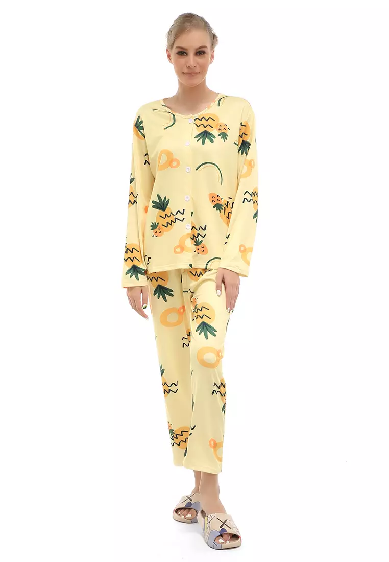 Vance Setelan Piyama Baju Tidur Wanita Lengan Panjang Pineapple Motive Material Cotton ORIGINAL - Yellow