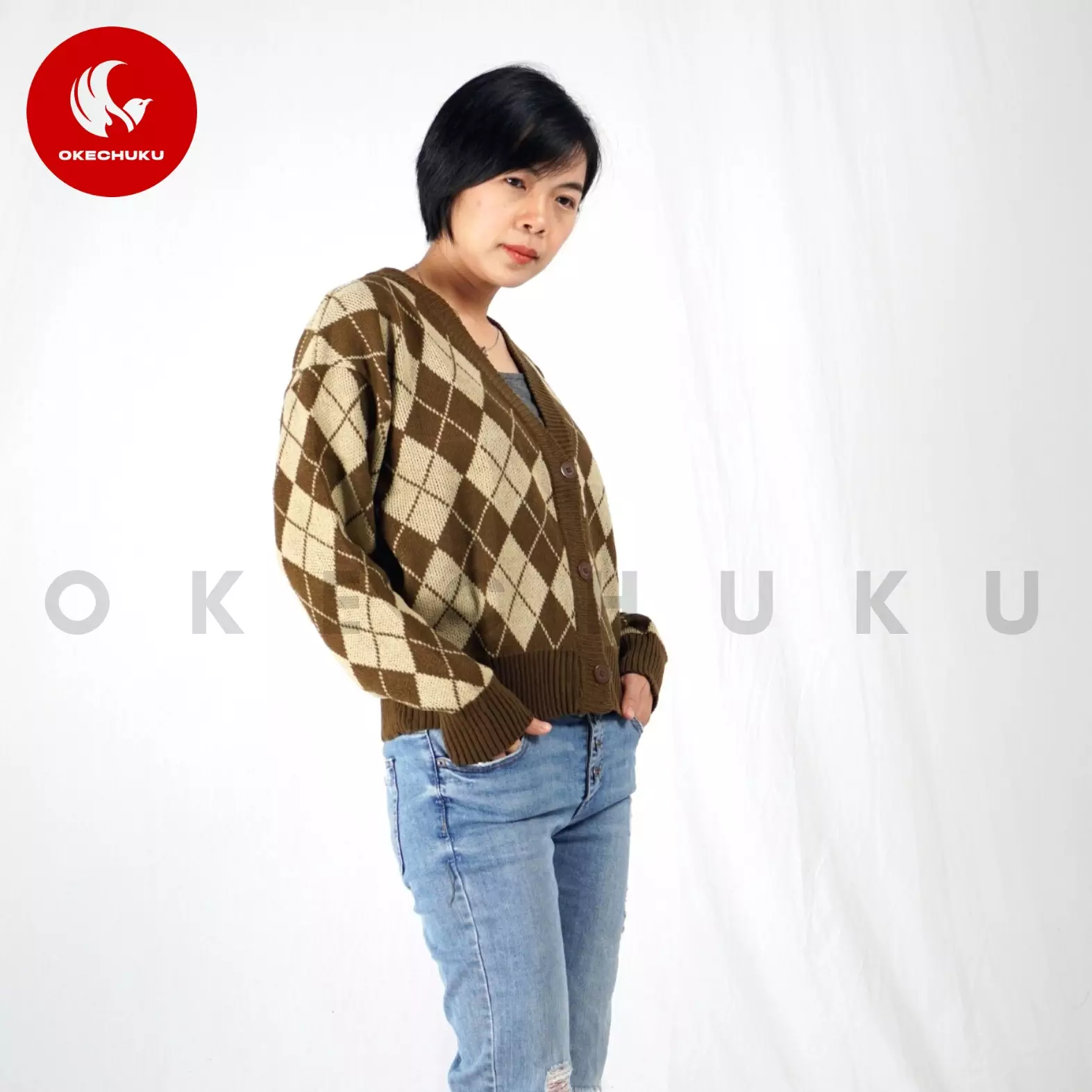  WINDY Cardigan Rajut Wanita Motif Kotak Knit Cardigan Korean Style - BRONZE
