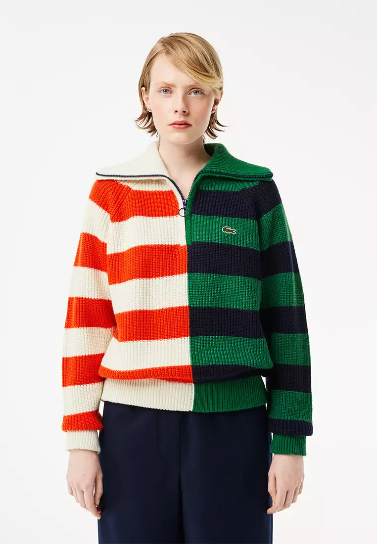 Contrast striped discount panel ribbed sweater