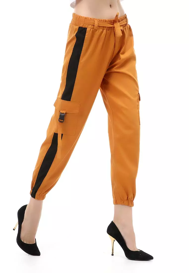 Jourel Celana Panjang Kasual Wanita Jogger Cargo Pants Plered Line Material Cotton ORIGINAL - Mustard Black