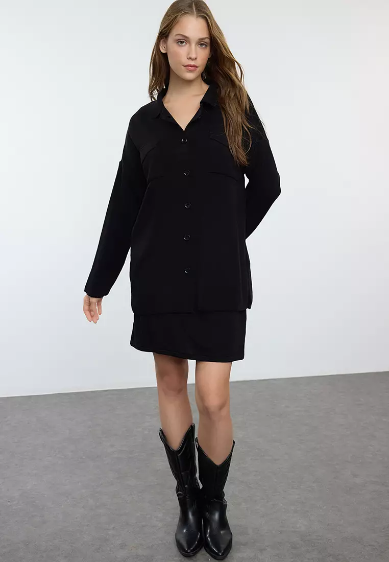 Black Mini Knitwear Basic Cardigan Dress