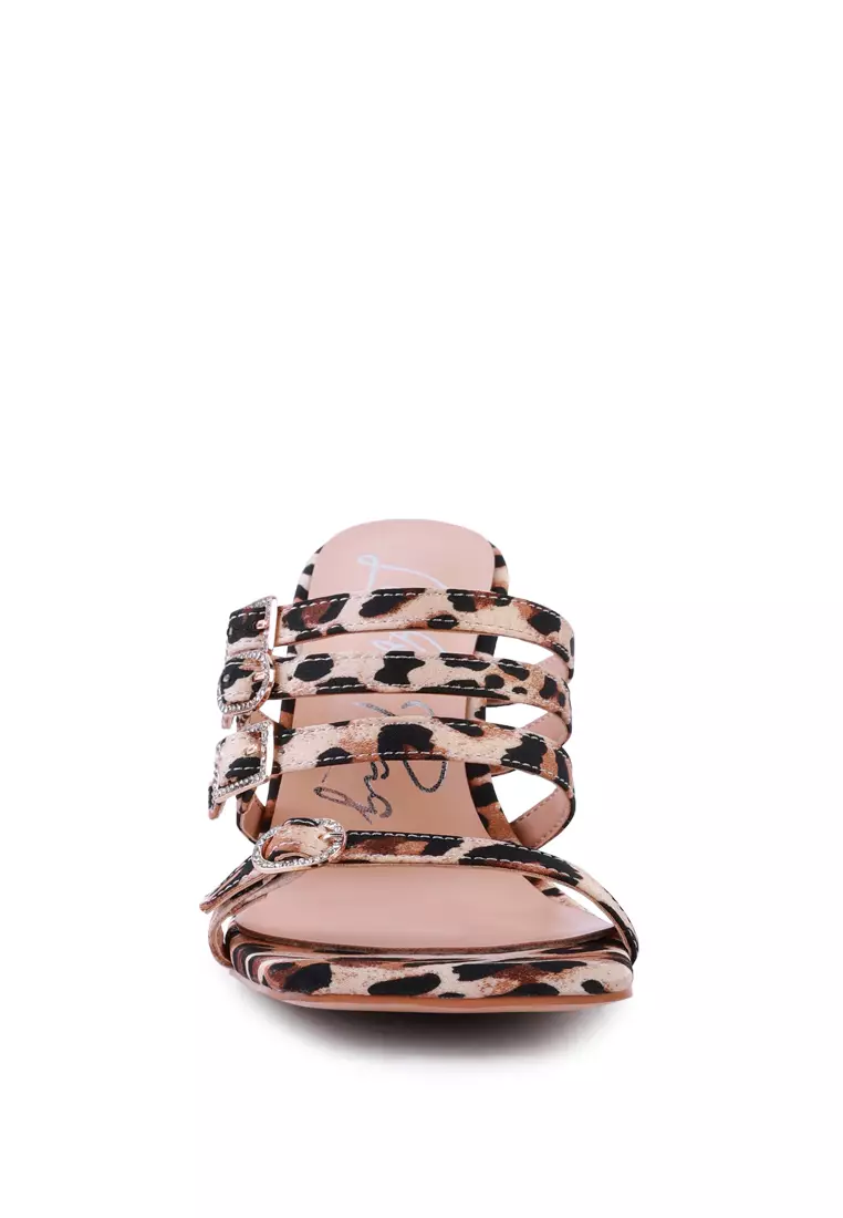 Leopard Print Diamante Buckle Mid Heel Sandals